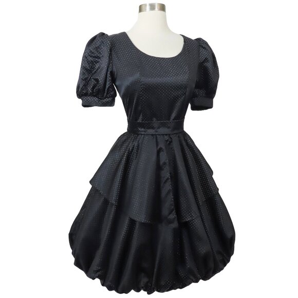 Vintage 80s Black Metallic Full Bubble Skirt Polka Dot Prom Party Dress S M - Picture 2 of 16